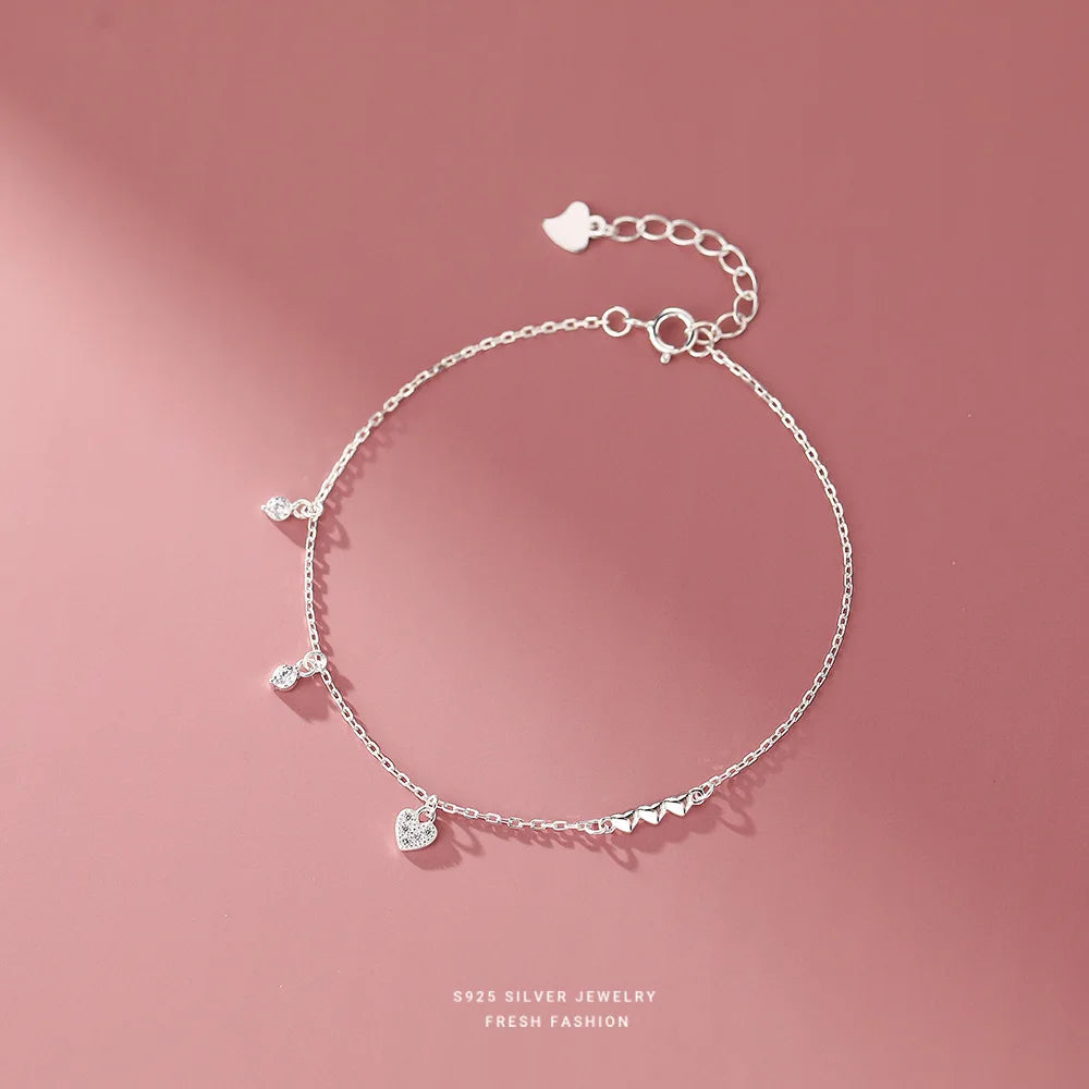 Minimalist Design Women 925 Sterling Silver Heart Charm Sparkling Diamond Bracelet