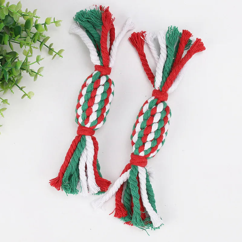 Interactive Cotton Rope Dog Toy for Christmas Pet Training Grinding Teeth Cleaning Bite-Resistant Knot for Dogs and Cats