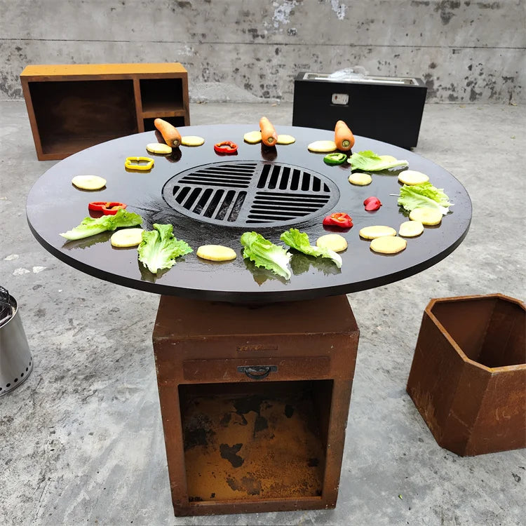 Outdoor Rustic Corten Steel BBQ Grill for >5 People Easily Cleaned & Assembled High Pressure Oxygen Depletion Safety Devices