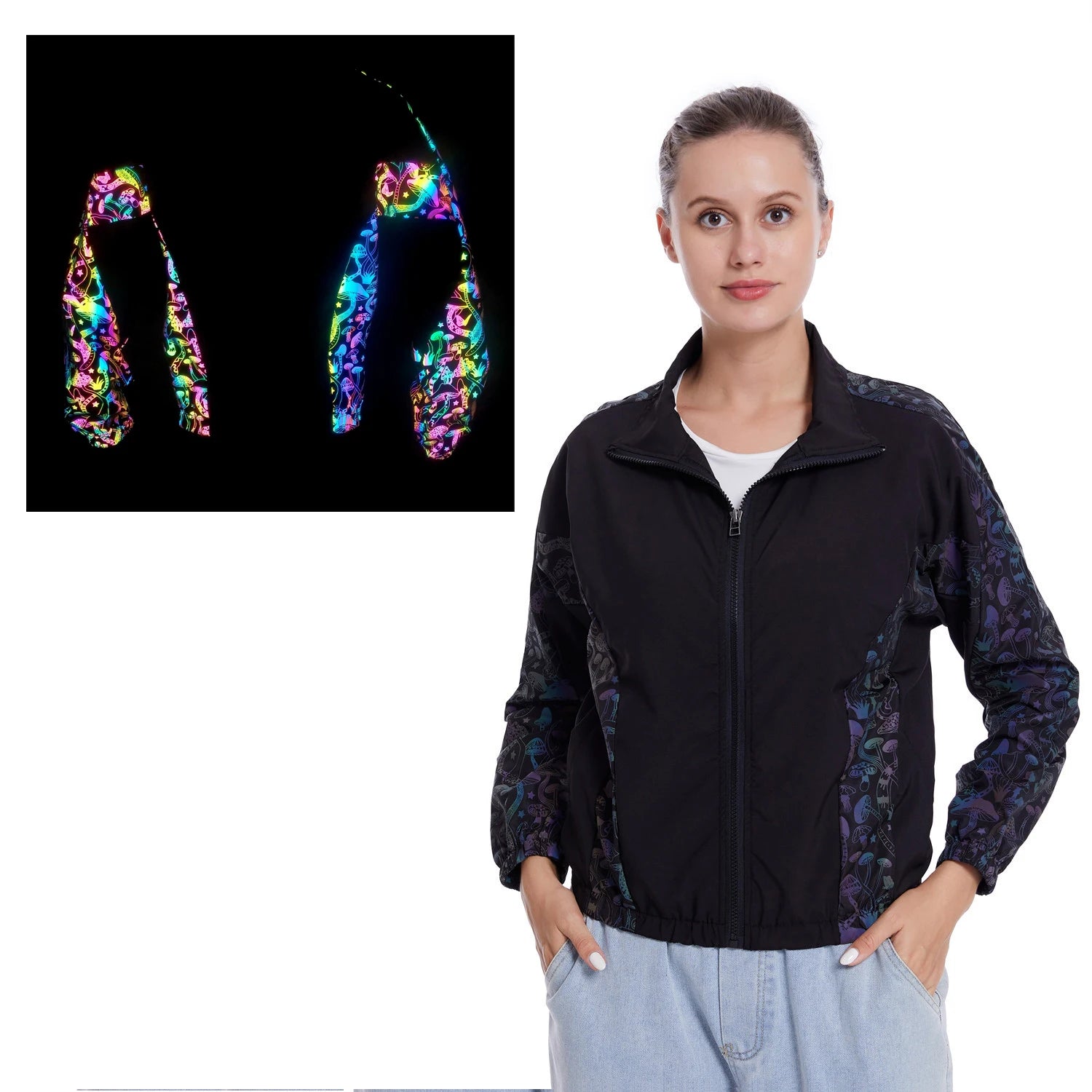 Autumn Winter Fall Women Ladies Fashion Stitching Patchwork Mushroom Pattern Reflective Loose Short Stand Collar Top Coat Jacket
