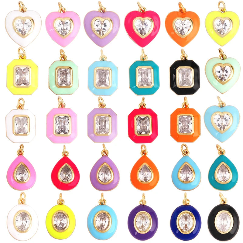 Heart Teardrop Oval Rectangle Enamel Charm Neon Pink Orange Turquoise Blue Oil Dropped Necklace Bracelet Pendant Components M21