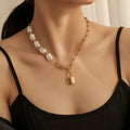 Gold Plated Jewelry Irregular Pearl Stainless Steel Link Chain Lock Necklace