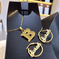 Qiuhan Personalized Stainless Steel a to Z Initial Letter Necklace Custom Name Earrings 20mm Round Hoop Earloop Jewelry Set