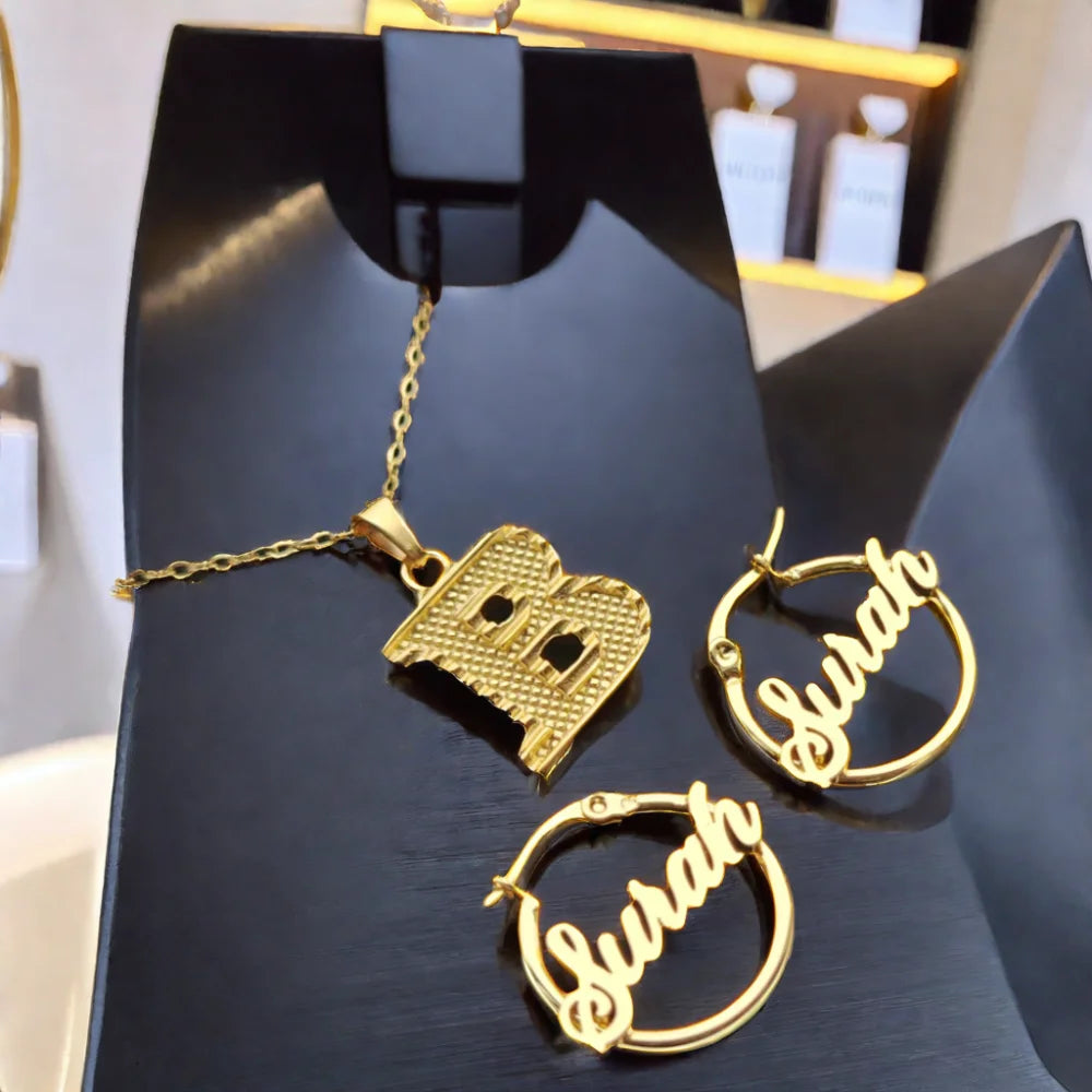 Qiuhan Personalized Stainless Steel a to Z Initial Letter Necklace Custom Name Earrings 20mm Round Hoop Earloop Jewelry Set