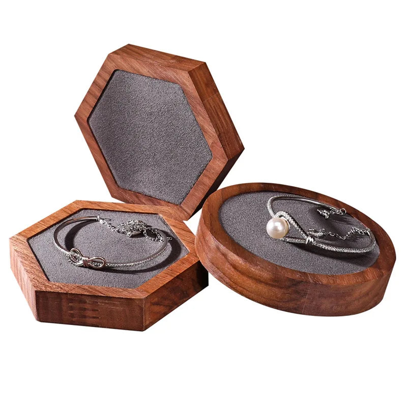 Counter Exhibition Walnut Wood Square Hexagon Circle Round Dark Gray Jewelry Set  Display Board  Holder Organizer