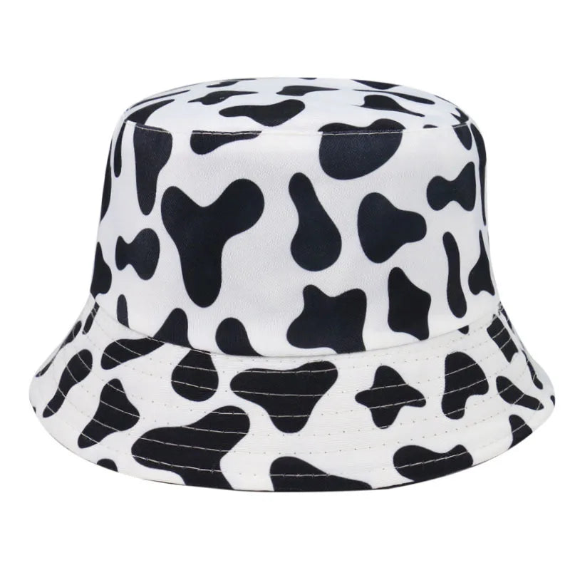 New Fashion Summer Reversible Black White Cow Pattern Bucket Hats Fisherman Caps for Women