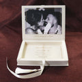 Luxury Custom Hardcover Ivory Velvet Box Invitation with Photo Printing Gold Foil Clear Acrylic Ribbon Tassel White Envelope