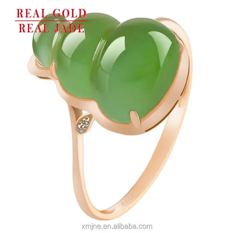 Certified Grade a Cat's Eye Spinach Green  Hetian Jade Green Jade Gourd Natural Jade 18K Rose Gold Female Ring Fashion Ring