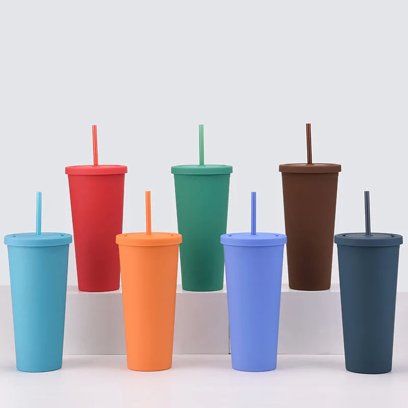 Custom Tumbler Wholesale Bulk Reusable Double Wall 24oz Acrylic Plastic Matte Cups Juice Drink Water Bottle with Lid and Straw