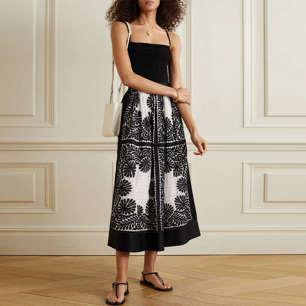 2023 Design Women Fashion Satin Timmed Appliqued Cotton and Silk Blend Luxe Vintage Paneled Tie Dyed Poplin Casual Midi Skirt