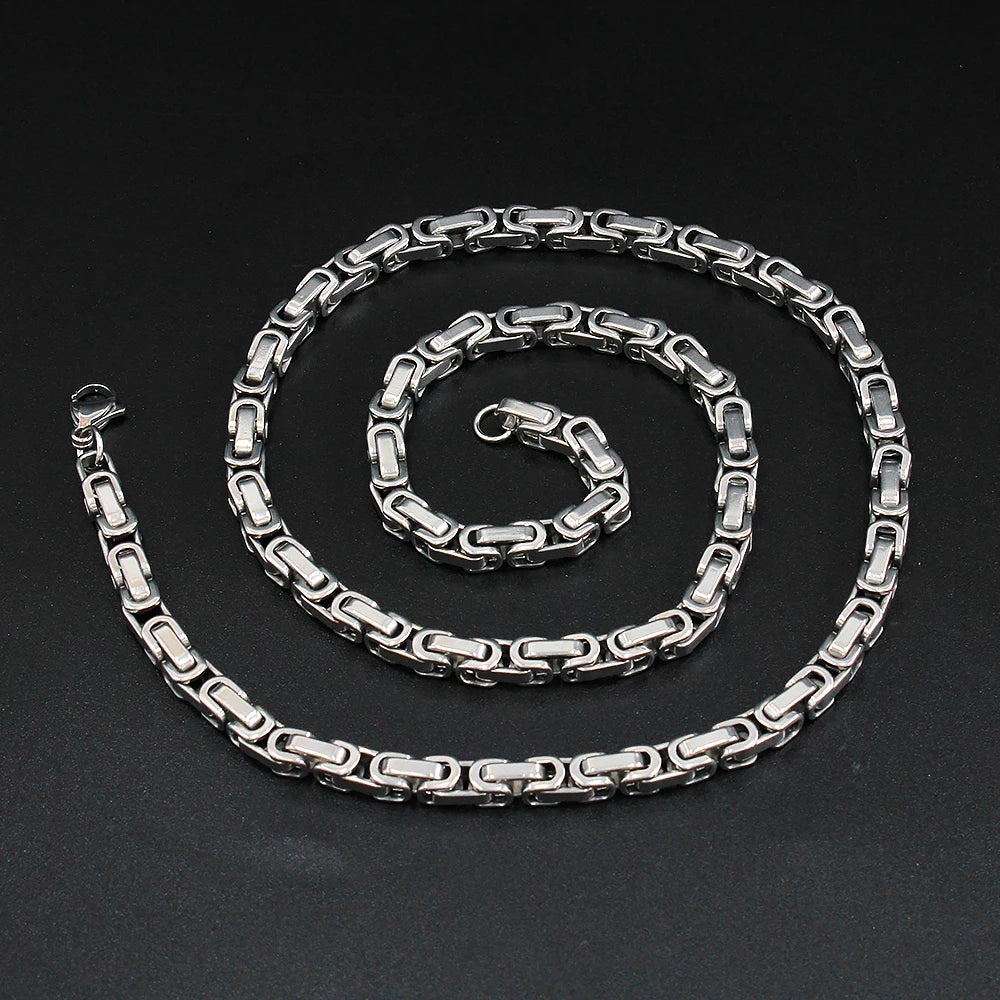 5MM  Mens Flat Byzantine Bracelet Necklace Sets Punk Cool Link Chain Bracelet & Necklace Stainless Steel