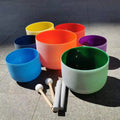 8- 14 Inch Perfect Pitch Set of 7pcs Colored Frosted Quartz Chakra Crystal Singing Bowls for Calm Sound Bath with Carry Bag