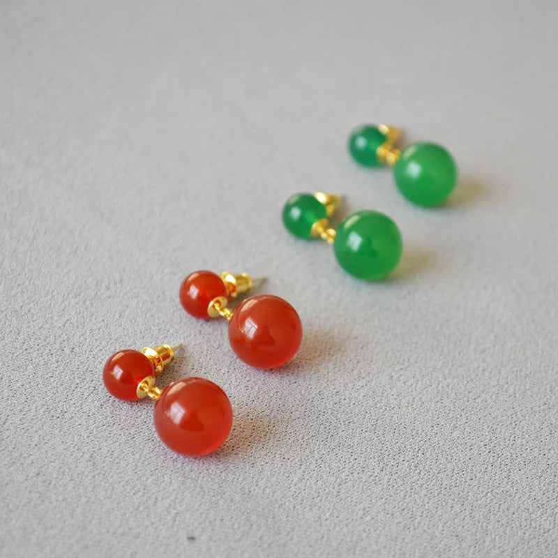 925 Sterling Silver Needle Natural Red/Green Agate Balls Drop Earrings