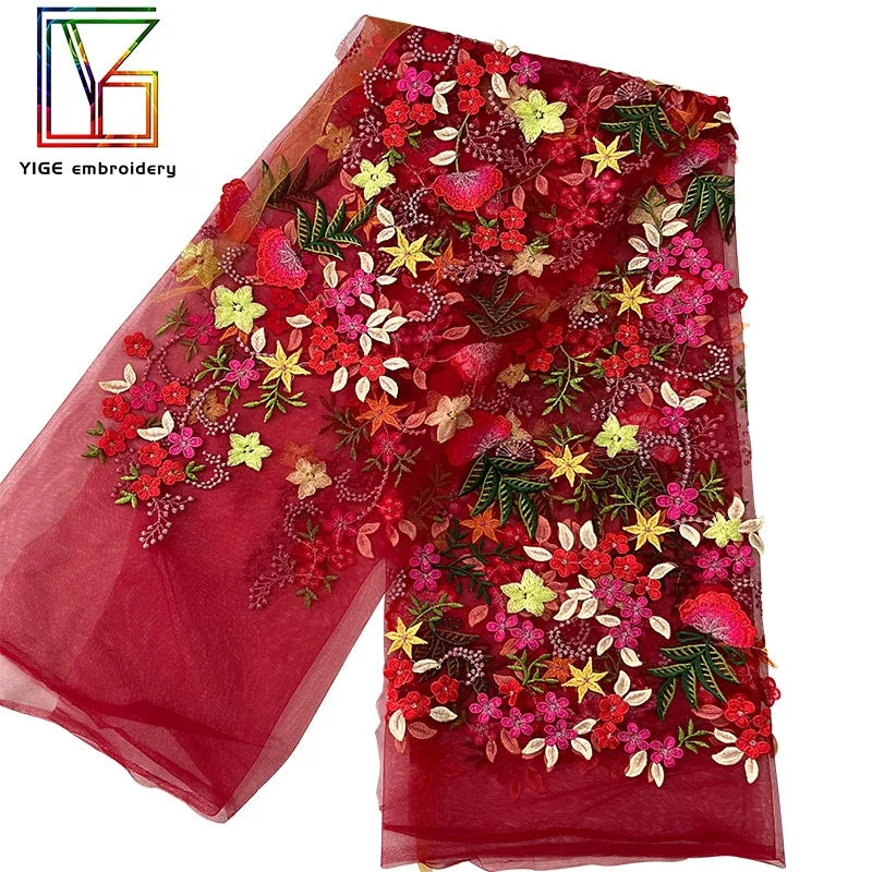 Luxury Women Flower Embroidery Tulle Lace African Bridal Dress Mesh Fabric Dress 3D Lace Fabric