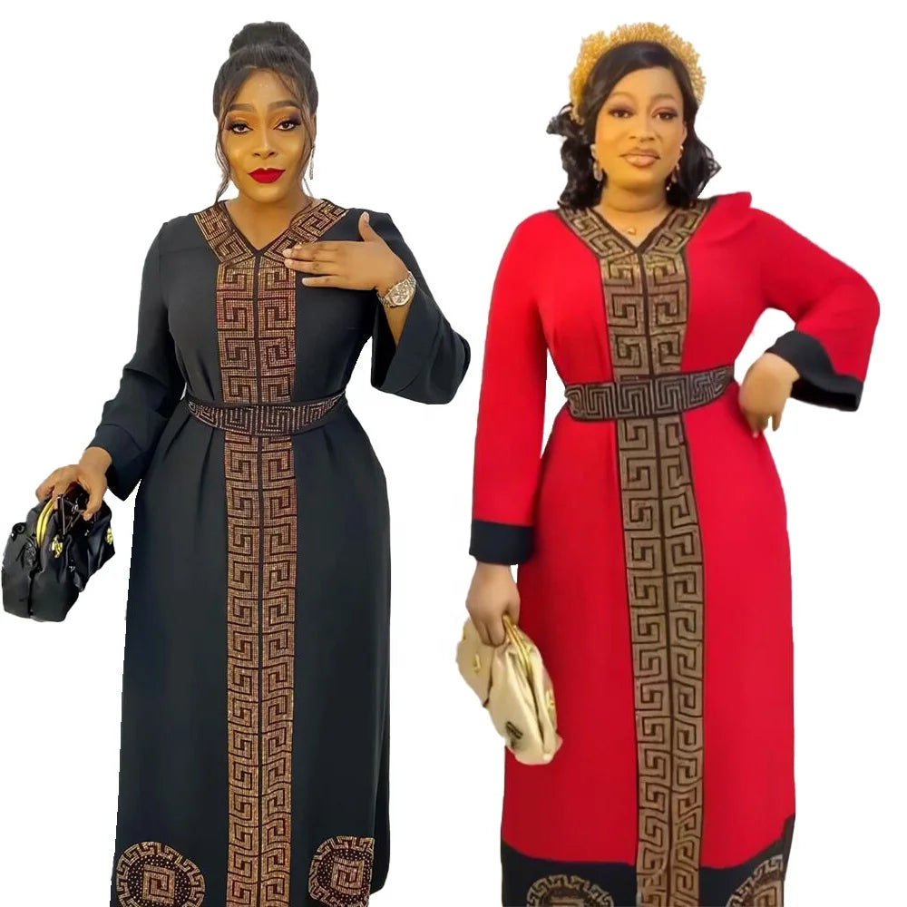 Markdown Sale V Neck Women Dress Luxury Rhinestone Women Maxi Dress Belt African Clothing MegaBDM