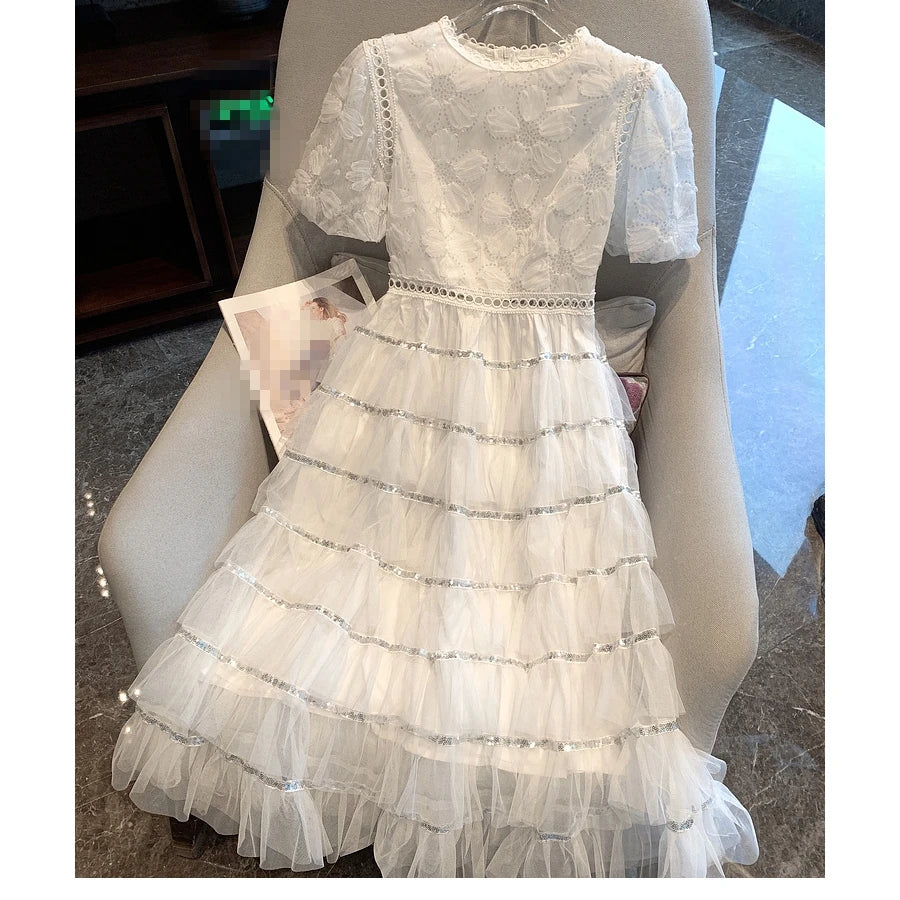 Summer Women's Dress Elegant Boutique Short Sleeve Mesh Multilayer Dress Wholesale Clothing