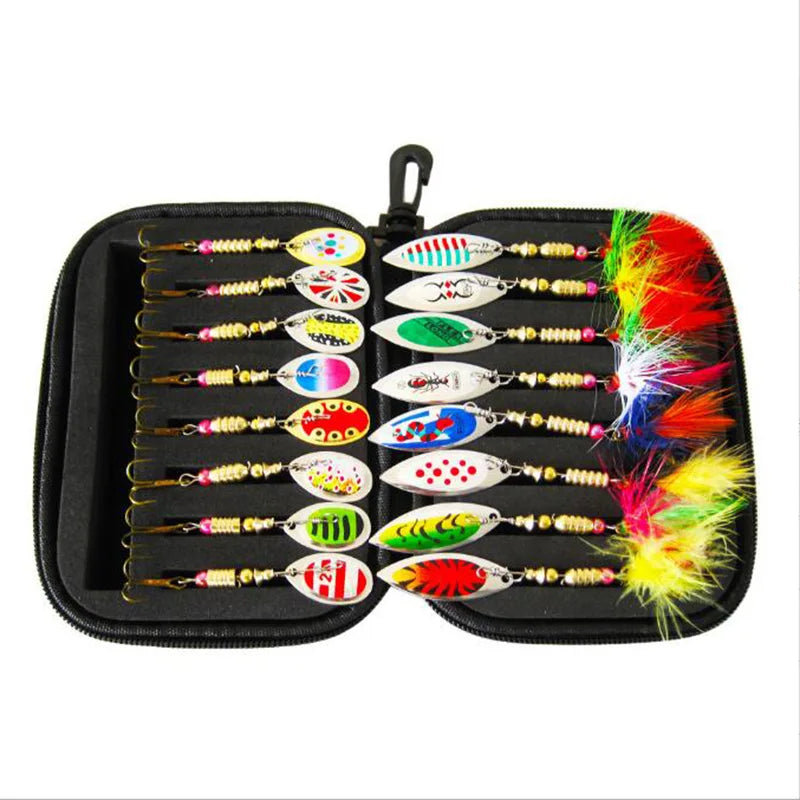 New 16 Pcs Metal Spinner Set With Feather Treble Hooks EVA Lure Bag Spoon Combo Fishing Spinner Kit