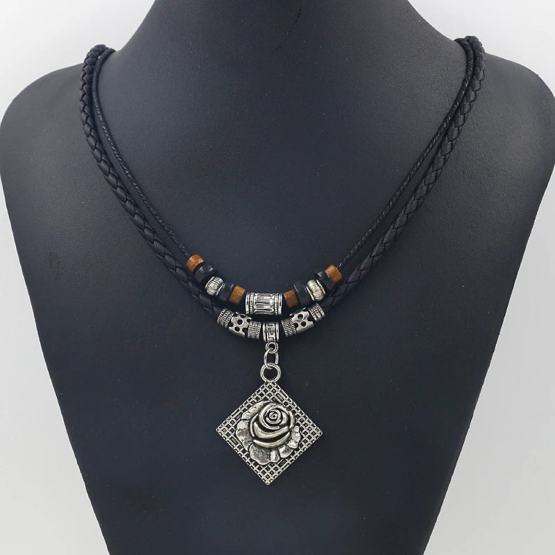 EthnicJewelry Popular Sweater Chain Hand Woven Leather Ancient Silver Alloy Rose Pendant Beaded Necklaces