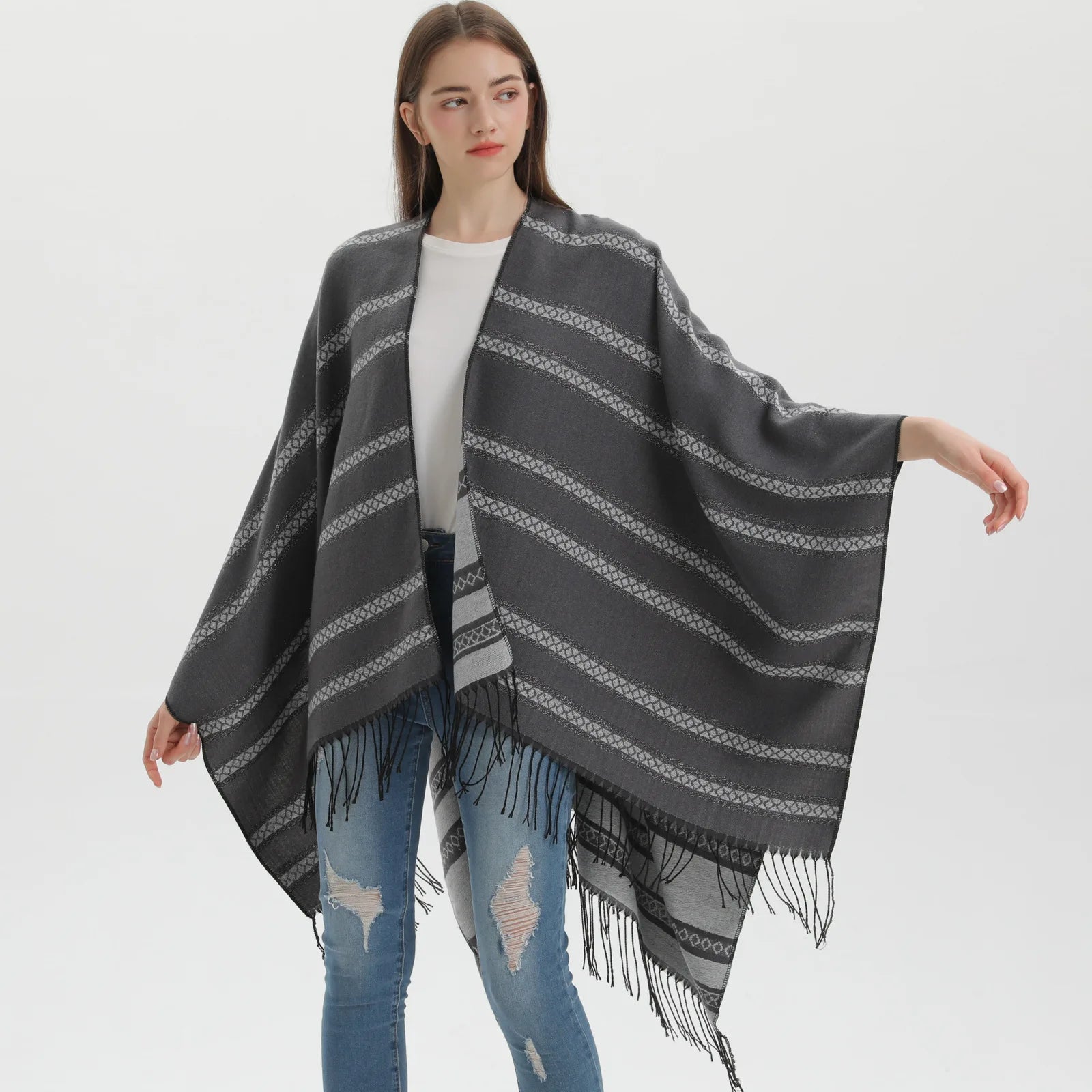Wholesale Fashion Women's Horizontal Striped Pattern Shawls Wraps Open Front Acrylic Cashmere Ponchos Cape for Fall Winter