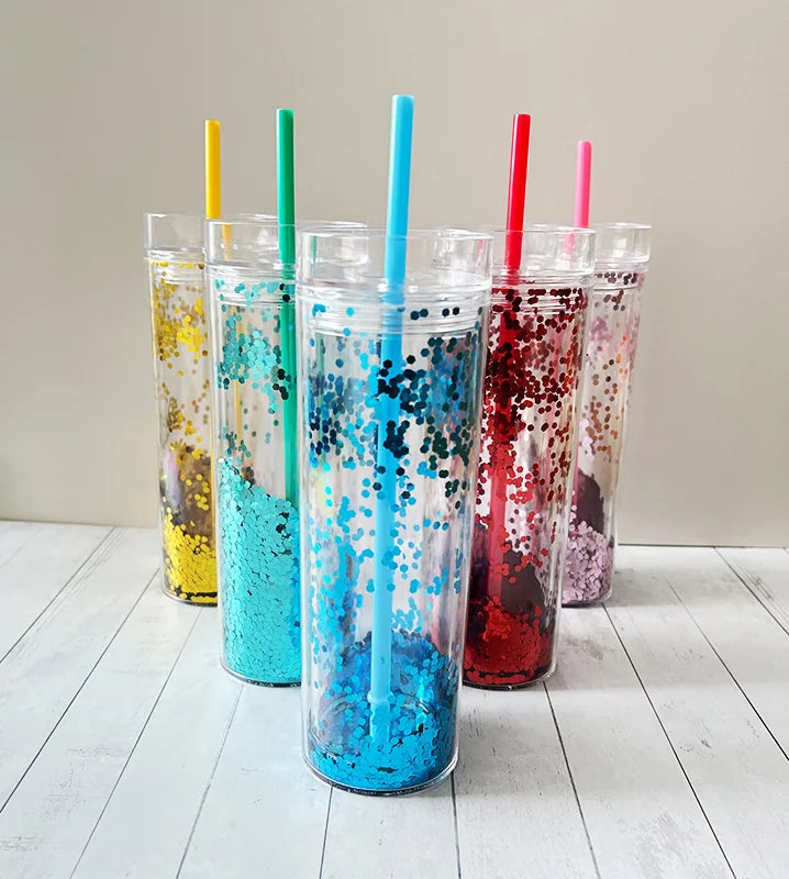 eco friendly skinny tumbler double wall clear acrylic tumbler plastic water bottle 16oz glitter acrylic tumbler with straw
