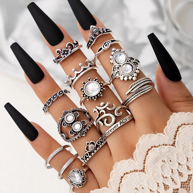 European And American Retro Leaves Imitation Gemstone Inlaid Ring Set Geometric Flower Creative Cutout 14pcs /Set Rings