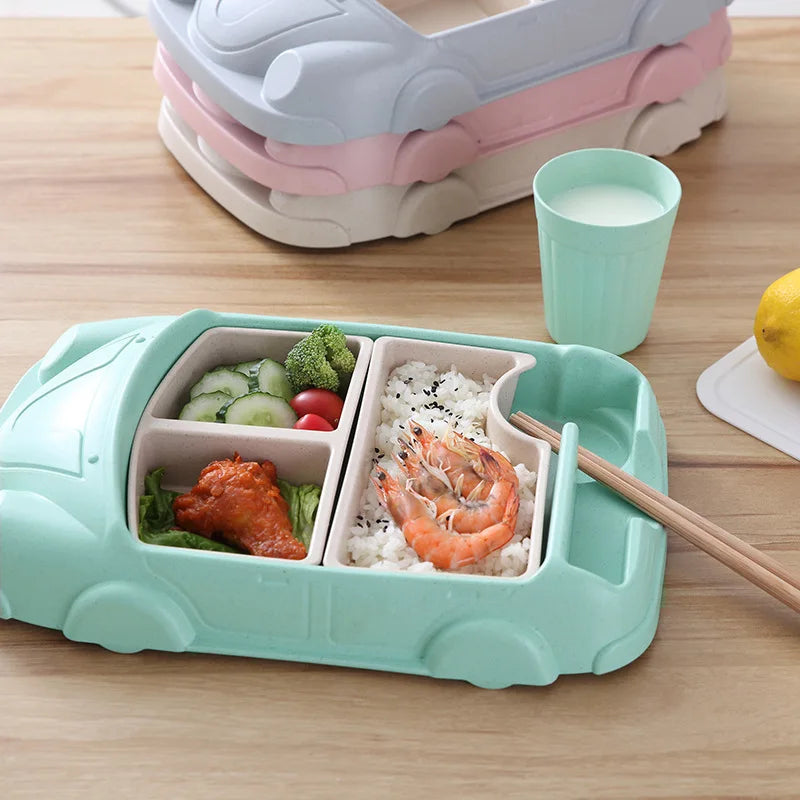 Factory Price Children's Bamboo Fiber Dinner Plate Food Grade Creative Car Supplementary Separator Tray Food Lunch Box Set