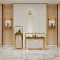 Luxury Modern Metal Custom logo  Gold Silver Glass Wall Jewelry showcase Display Cabinet Counter for Jewelry Shop Decoration
