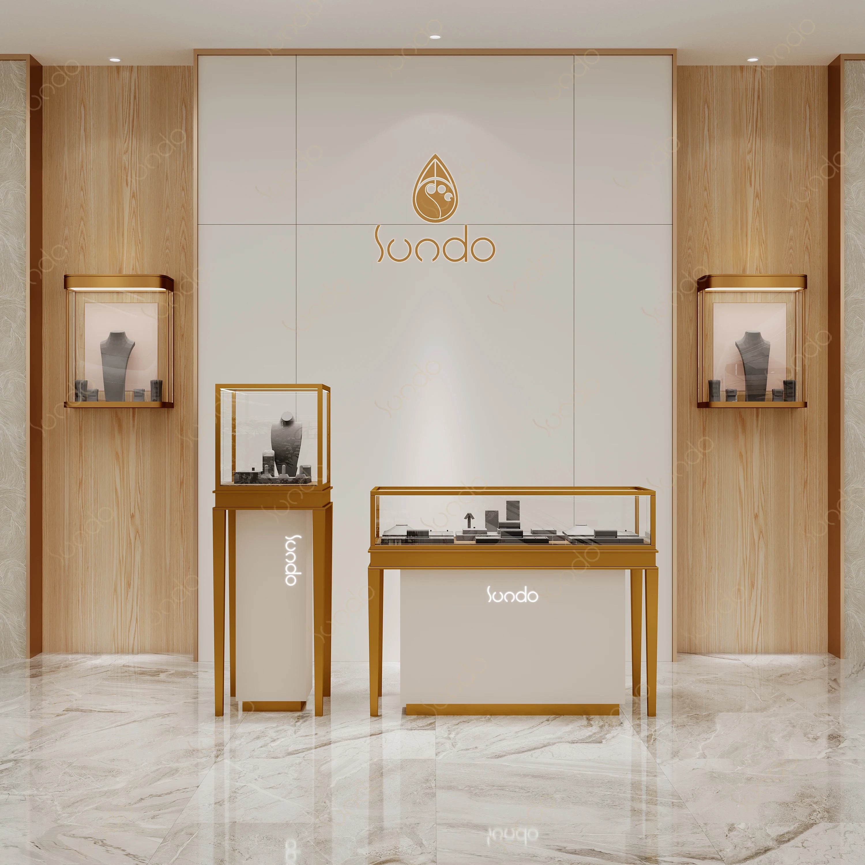Luxury Modern Metal Custom logo  Gold Silver Glass Wall Jewelry showcase Display Cabinet Counter for Jewelry Shop Decoration