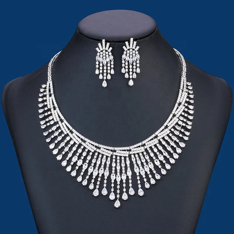 Romantic Tassel-Shape Indian CZ Copper Jewelry Set Water Resistant for Wedding Party Engagement Featuring Zircon Main Stone