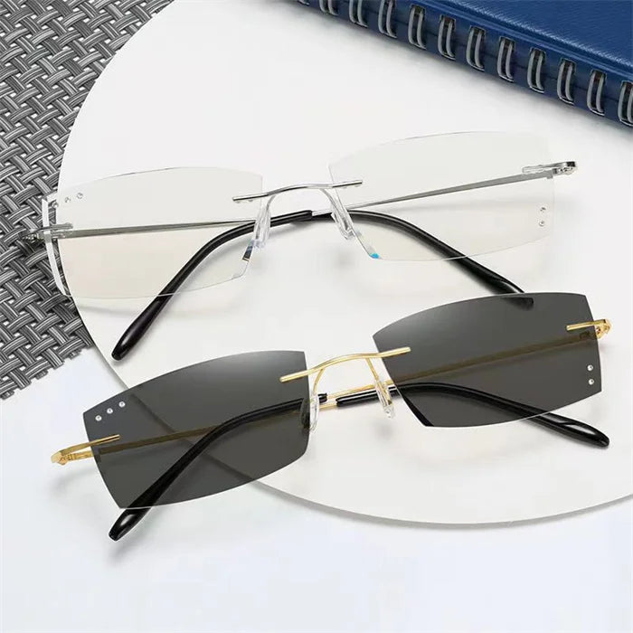Business Photosensitive Color Change Ocular Anti-Blue Light Computer Eyewear Small Rectangle Rimless Photochromic Sunglasses