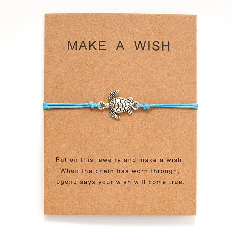 Hot Selling Handmade Woven Wish Card Wax String Bracelet Gifts Adjustable Cute Retro Silver Little Turtle Bracelet for Women