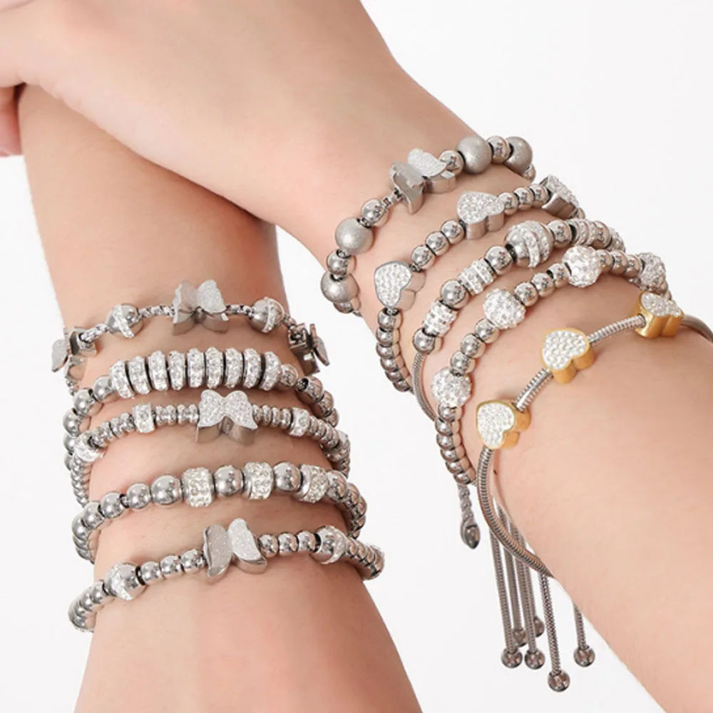 Wholesale Fashion Stacked Titanium Stainless Steel Beads Handmade Woven butterfly Heart Charm Jewelry Bracelet Jewelry for Women