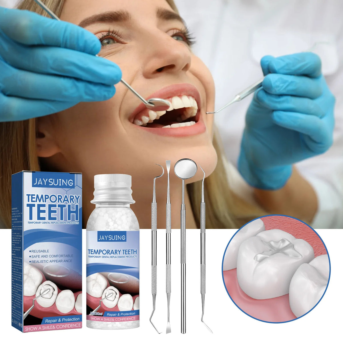 Wholesale Jaysuing Dental Repair Kit Glue Filling Holes Temporary Repair Particle Dental Repair Kit