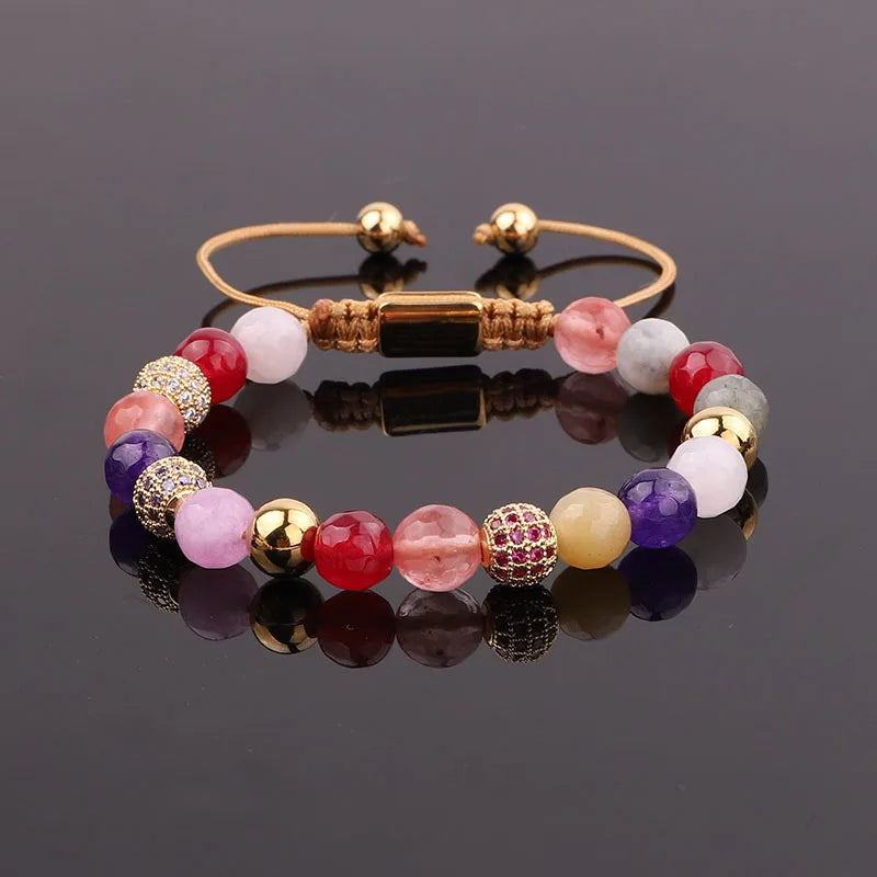 Hot Selling CZ Mirco Pave Ball Colorful Natural Stone Jade Beads Handmade Women Macrame Bracelet
