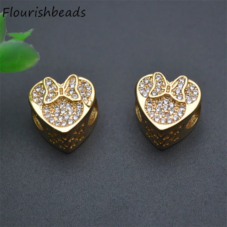 Wholesale Anti Rust 18K Gold Plated CZ Pave Heart Butterfly Shape Spacer Beads for DIY Woman Jewelry Bracelet Making