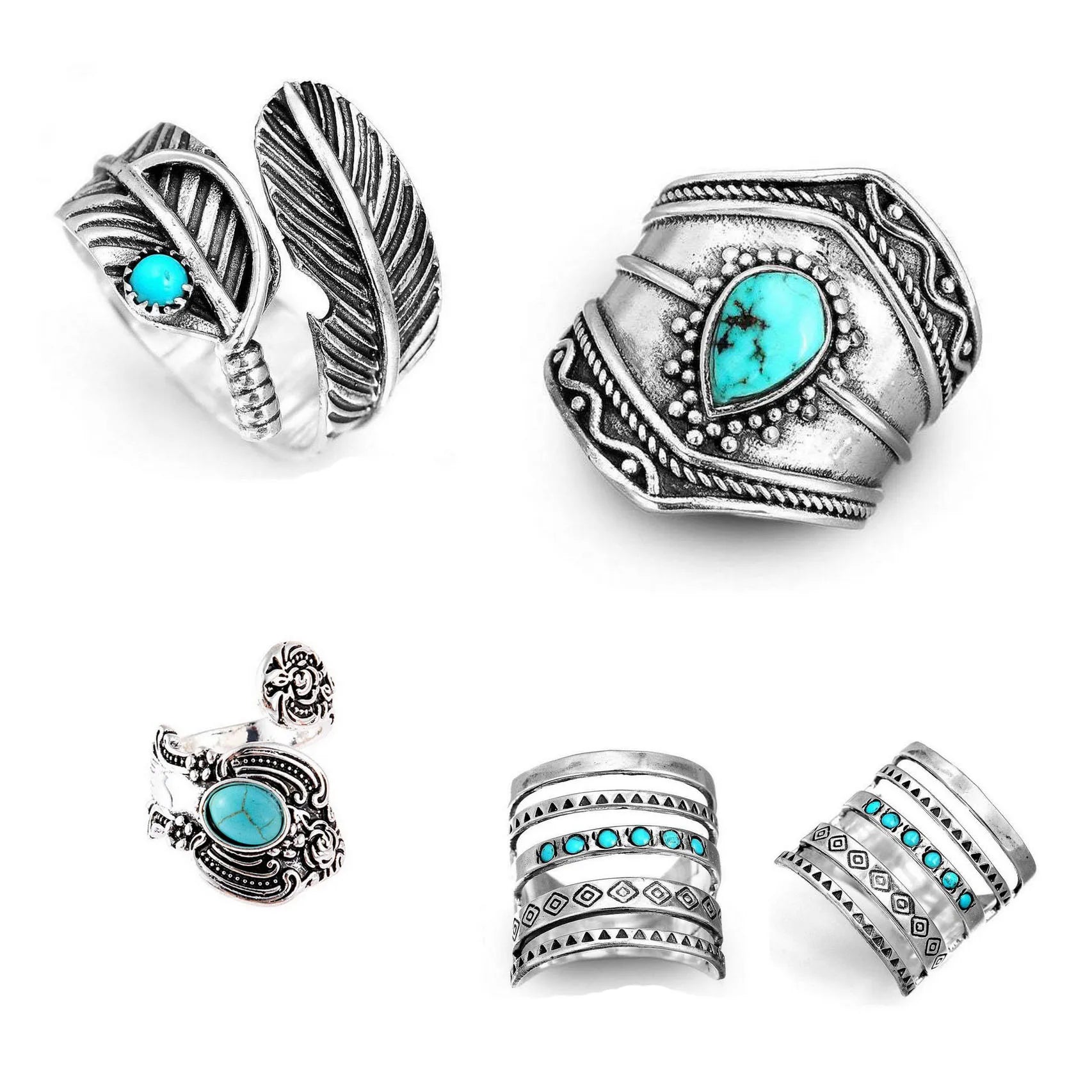 Western Jewelry Vintage Turquoise Hammered Rings Collection Statement Finger Ring for Women Cowgirl