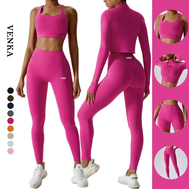 New Low MOQ Fitness Suit Women Crossed Back Sports Bra Crop Top Zipper Jackeet Shorts Pants Leggings Ladies Yoga Workout Set