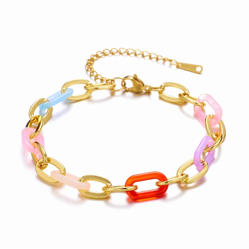 Colorful Acrylic Bracelet Summer Paperclip Bracelet Girls Gift Stainless Steel Gold Plated Bracelet
