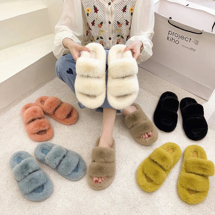 New Arrival Sweet Ladies Soft Plush Open Toe Lightweight Faux Fur Fuzzy House Slippers for Women