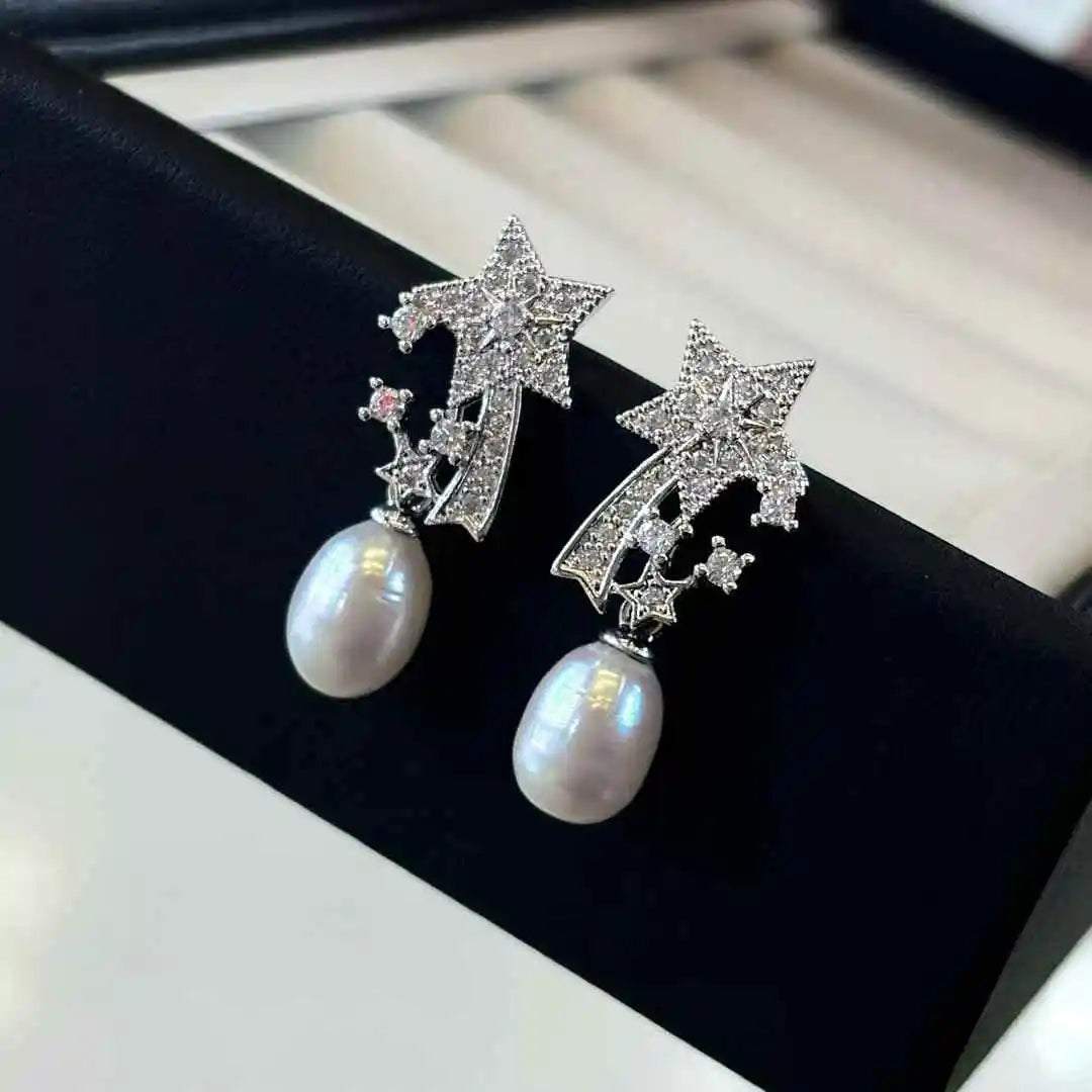New Comet Pearl Earrings Silver Plated Ear Pins with AAAA Grade Natural Freshwater Rice Shape Drop Pearls Trendy Women's Jewelry