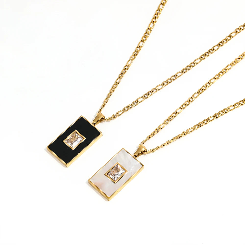 Joolim Jewelry 18K Gold Plated  Stainless Steel Zirconia Black Agate & White Shell Rectangle Pendant Necklaces Trendy Jewelry