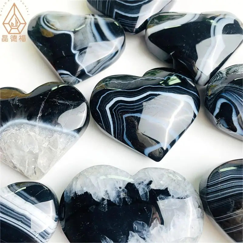 Natural Crystal Heart Black Onyx Healing Stones with Druzy for Gift
