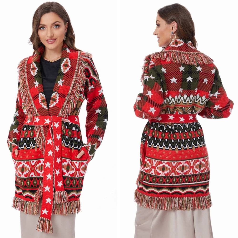 Winter Long Sleeves High Quality Wool Jacquard Tassel Turn Down Collar Oversized Red Christmas Cardigans