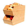 Set of 2pcs Stackable Storage Bin Saving Bamboo Organizer Bin Wood Basket with Ergonomic Handles & Non-slip Feet Spacious Box