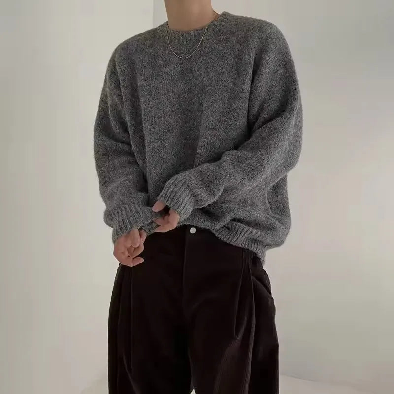 Casual Sweater Gray O-Neck Knitted Pullover Men Fashion Full Sleeve Loose Korean Fashion Jumper 2025 Spring Male Street