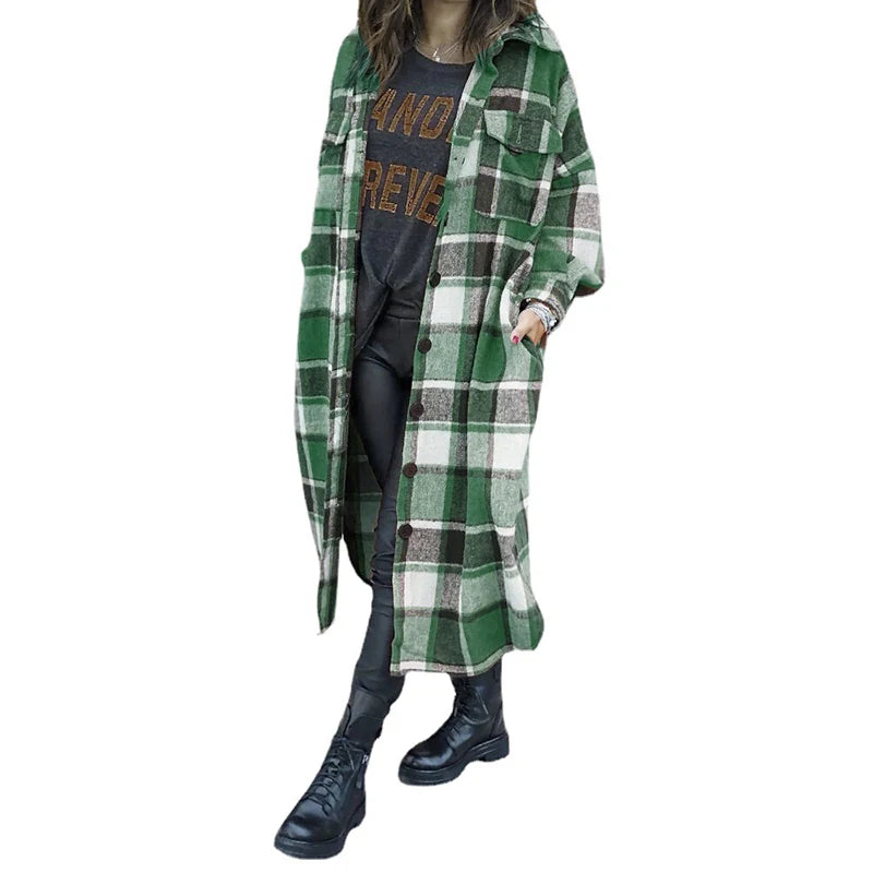 2022 Women's Long Jacket Plaid Coat Trendy Print Oversized Single Breasted Trench Ladies Coat