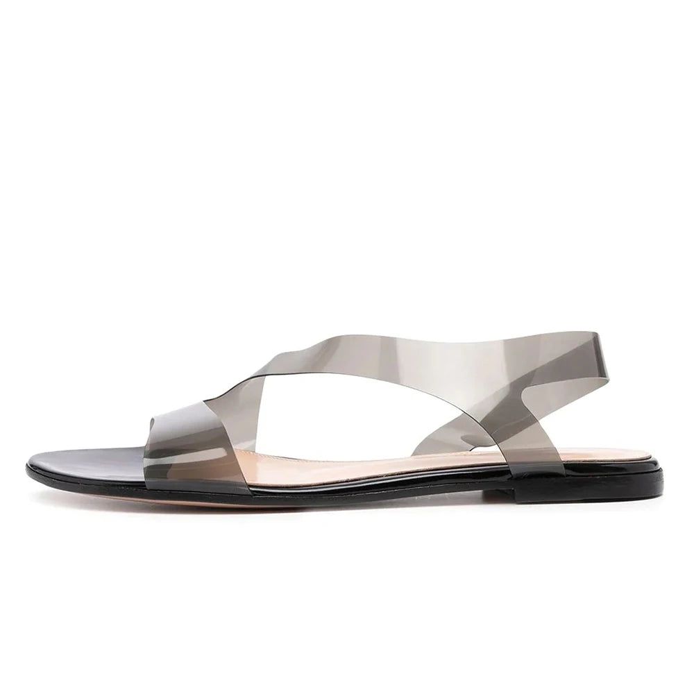 Plus Size Casual Round Toe Transparent PVC Clear Sandals Flat Summer Shoes for Women