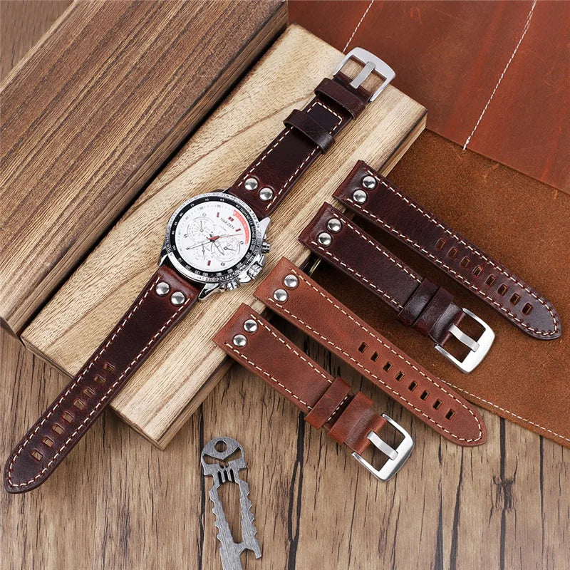 YUNSE Luxury Oil Waxed Genuine Leather Men Motorcycle Watch Band 20mm 22mm Vintage Italian Leather Watch Strap Band