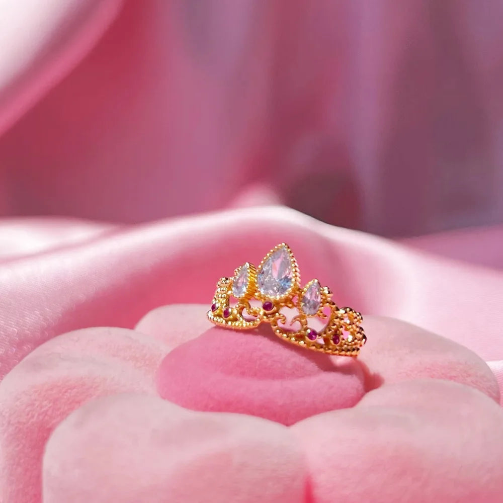 Fashion Trendy Gemstone Princess Crown Hollow Opening Finger Ring Women's Luxury Jewelry