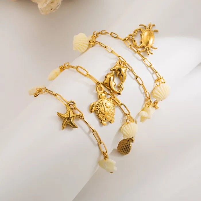 Stainless Steel 14 K Shell Sea Star Turtle Dolphin Crab Pendant Bracelet for Women New Waterproof Wrist Chain Jewelry Gift